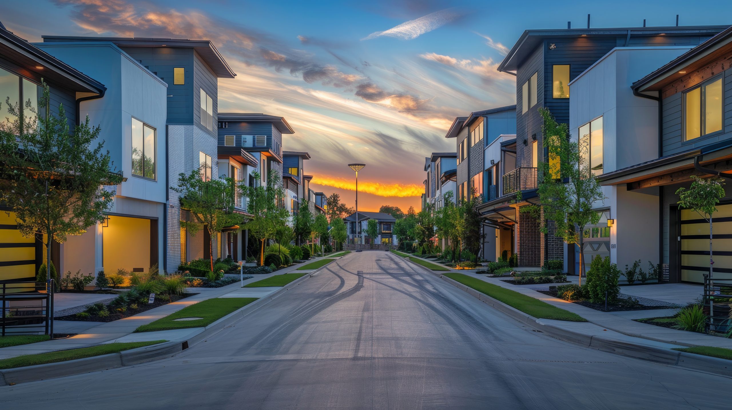 In Richardson, North Dallas, a brand-new row of three-story single-family homes faces Panorama Park. Contemporary urban housing design featuring side-by-side private courtyards close to a wide road